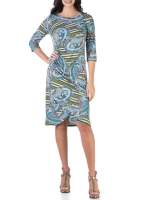 24seven Comfort Apparel Women's Paisley Elbow Sleeve Ruched Tulip Skirt Knee Length Dress, Small