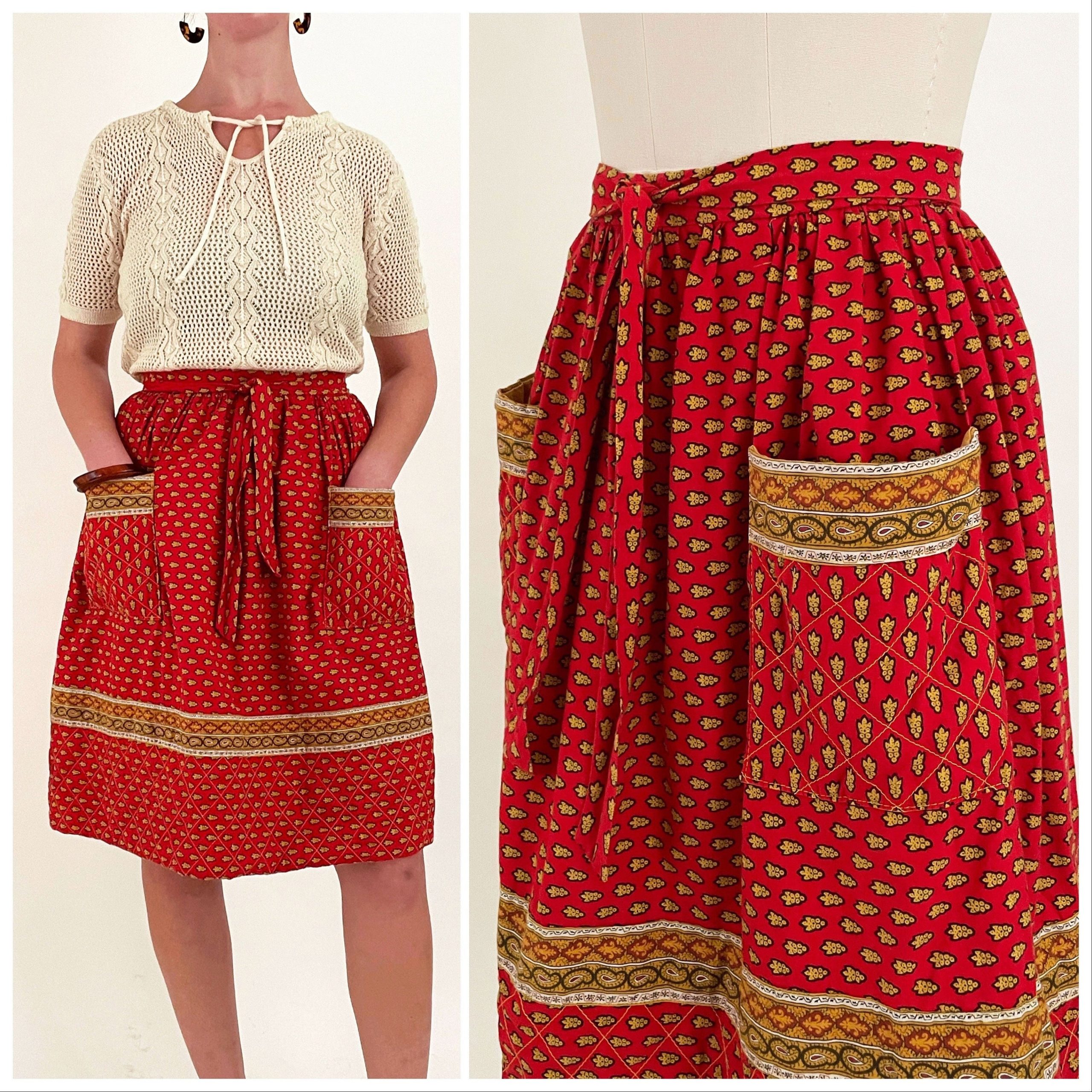 70S Red Block Print Quilted Wrap Skirt | & Gold Paisley Boho Cotton With Oversized Pockets Xs