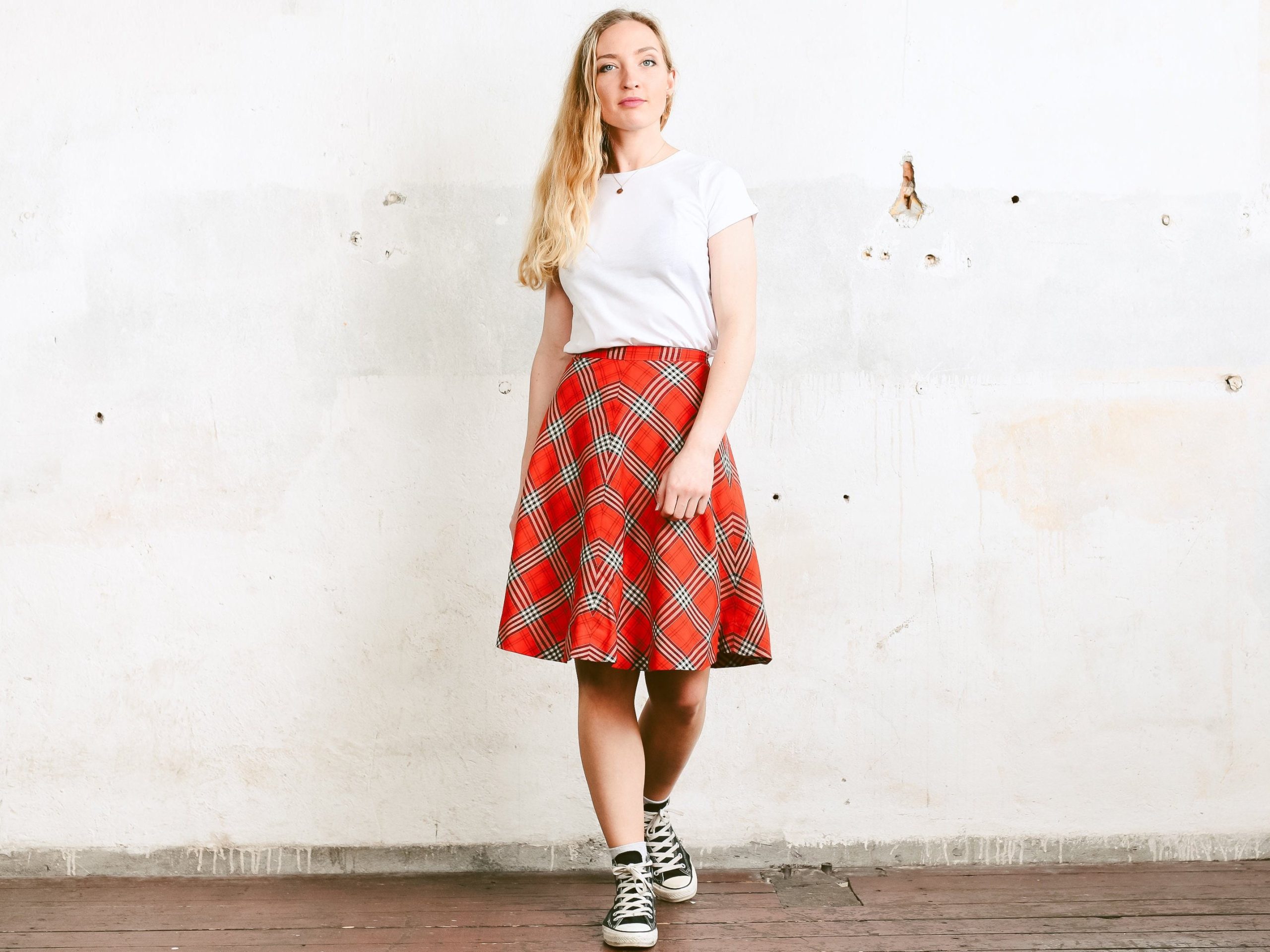 80S Vintage Skater Skirt . Checked High Waist Casual A-Line Summer Plaid Orange Flared Knee Length Skirt. Size Small