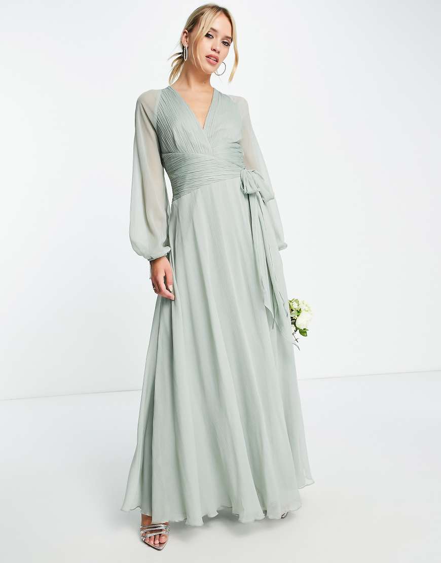 ASOS DESIGN Bridesmaid long sleeve ruched maxi dress with wrap skirt in olive-Green