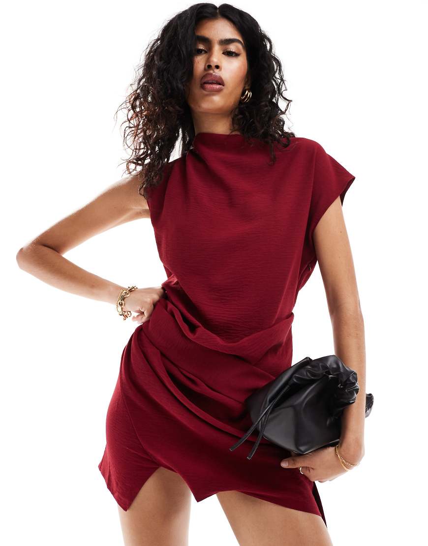 ASOS DESIGN drape waist mini dress with wrap skirt in wine-Pink