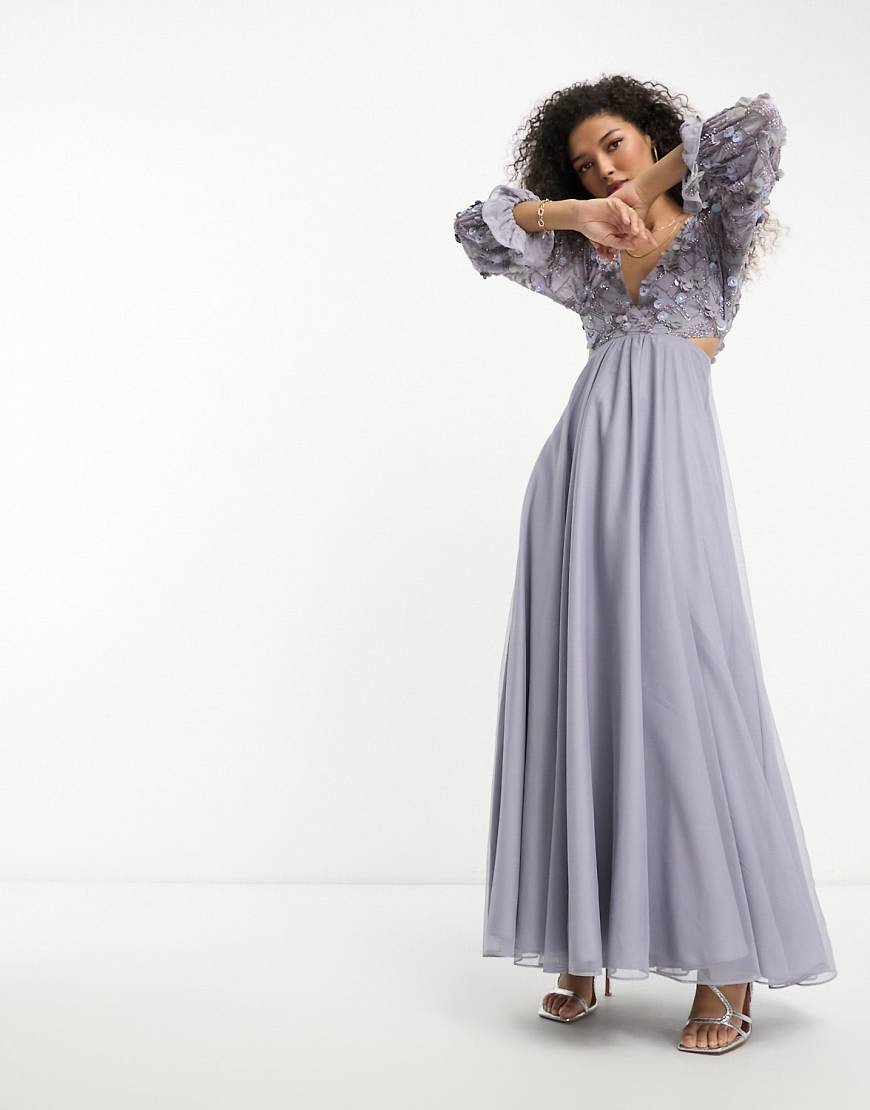 ASOS DESIGN embellished wrap front tulle skirt midaxi dress with floral detail in lilac-Purple