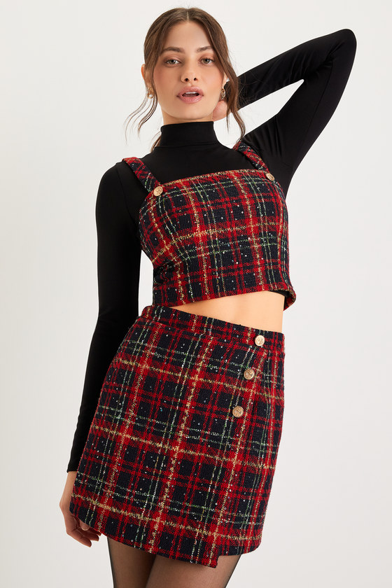 Adorably Posh Navy Blue and Red Plaid Tweed Faux-Wrap Mini Skirt