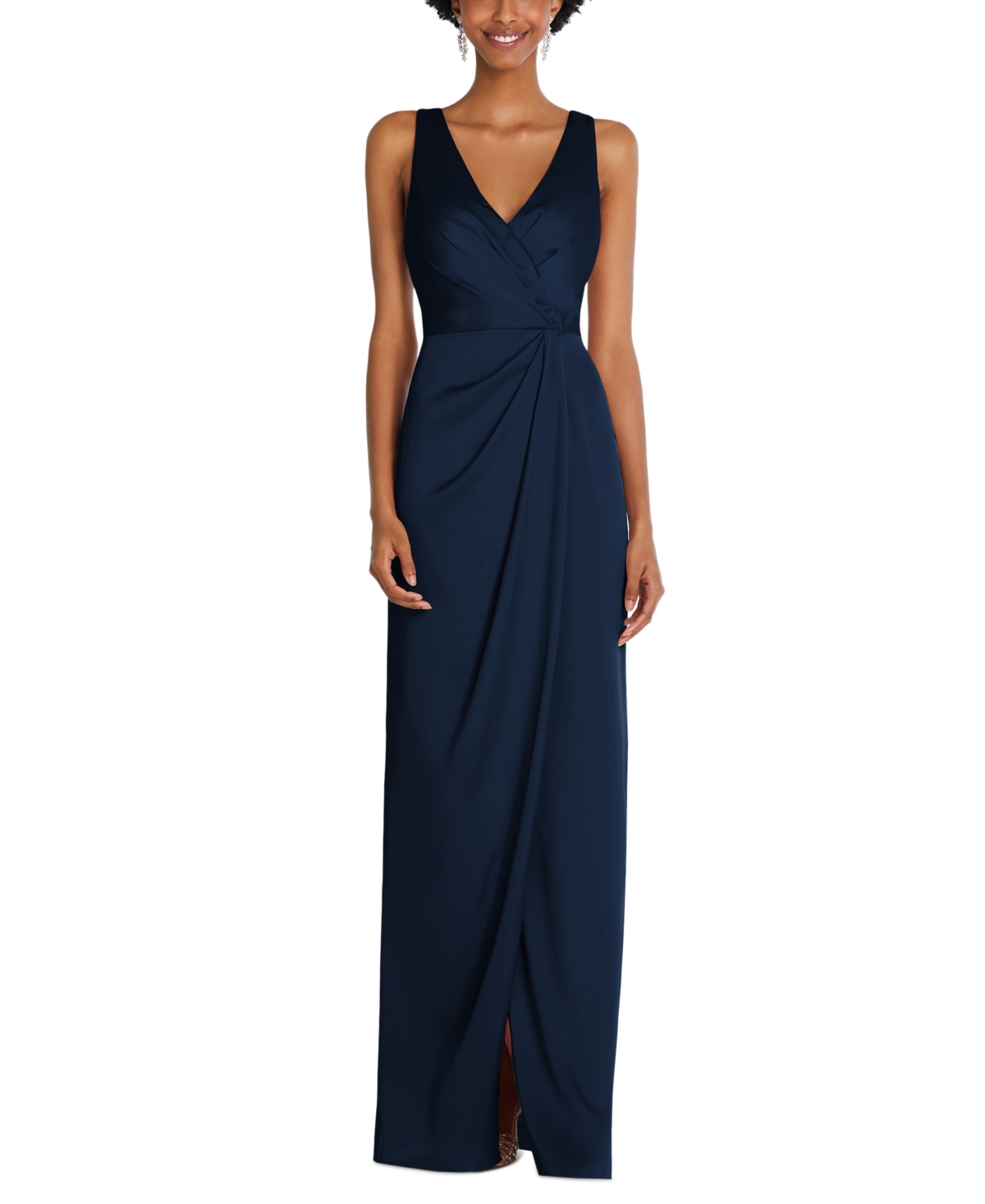 After Six Women's Faux Wrap Whisper Satin Maxi Dress with Draped Tulip Skirt - Midnight navy