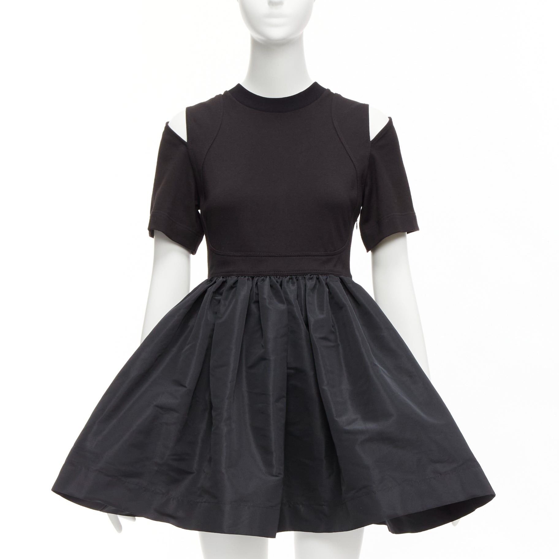 Alexander Mcqueen Black Cold Shoulder Fit Flared Taffeta Skirt Skater Dress It36 Xxs, Women's