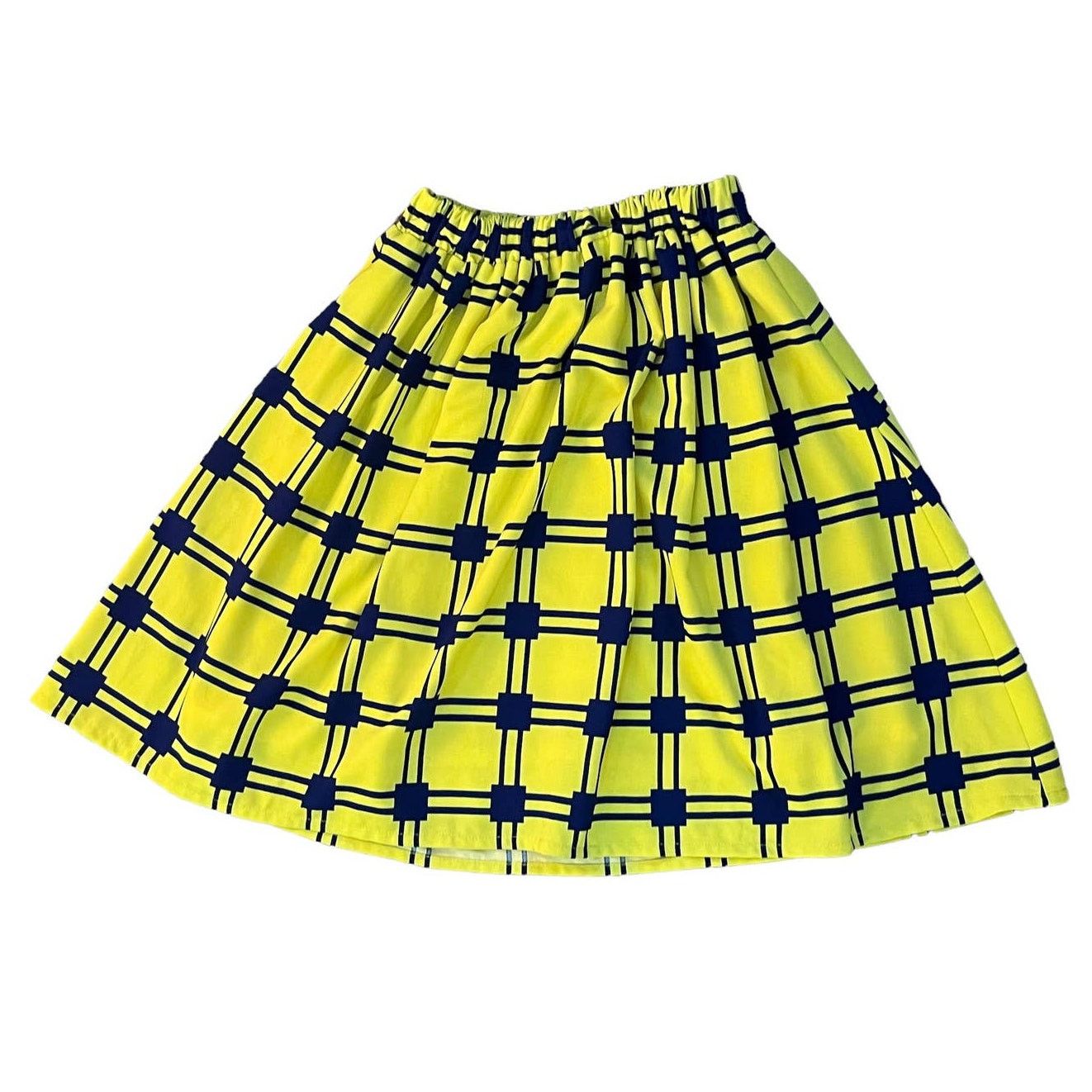 Aobaba Size Medium Neon Yellow Blue Silk Skater Skirt, Women's