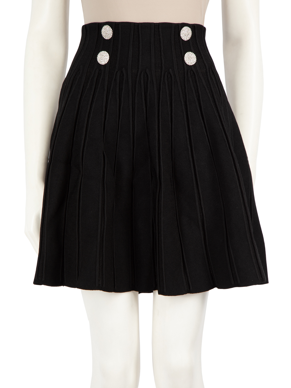 Balmain Black Crystal Buttoned Skater Skirt