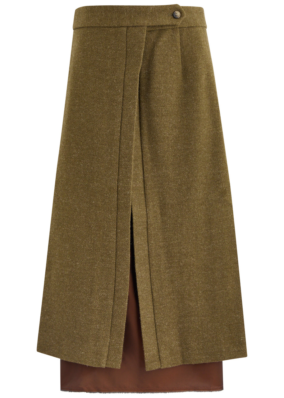 Bettter Layered Wrap-effect Wool Midi Skirt - Khaki - XS (UK6 /xS)