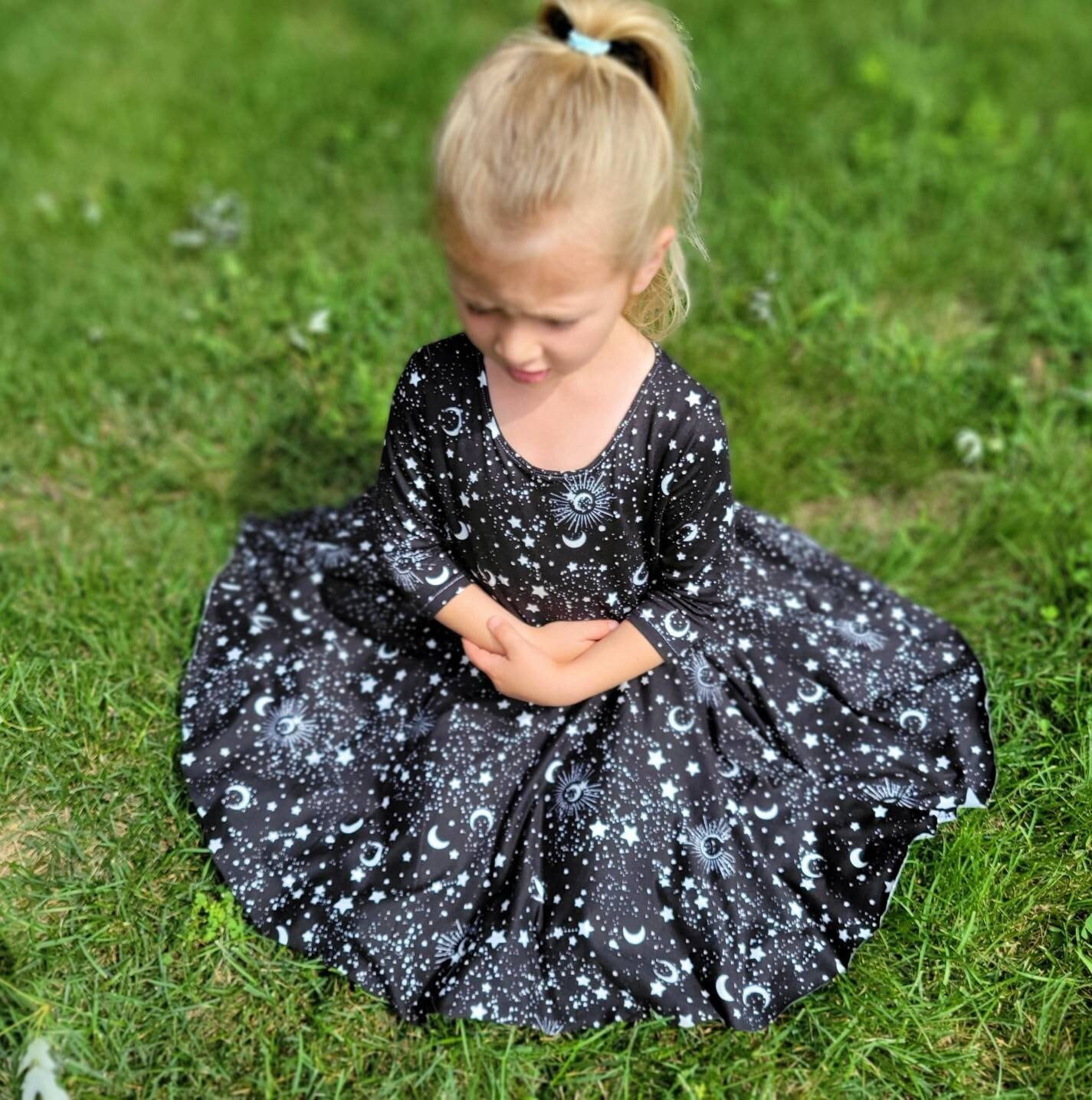 Black Galaxy Dress With Pockets, 3/4 Sleeves, Moon Stars Space Celestial, Casual Twirl Skirt, Midi Style, Skater Loose Fit, 12M - 12 Years