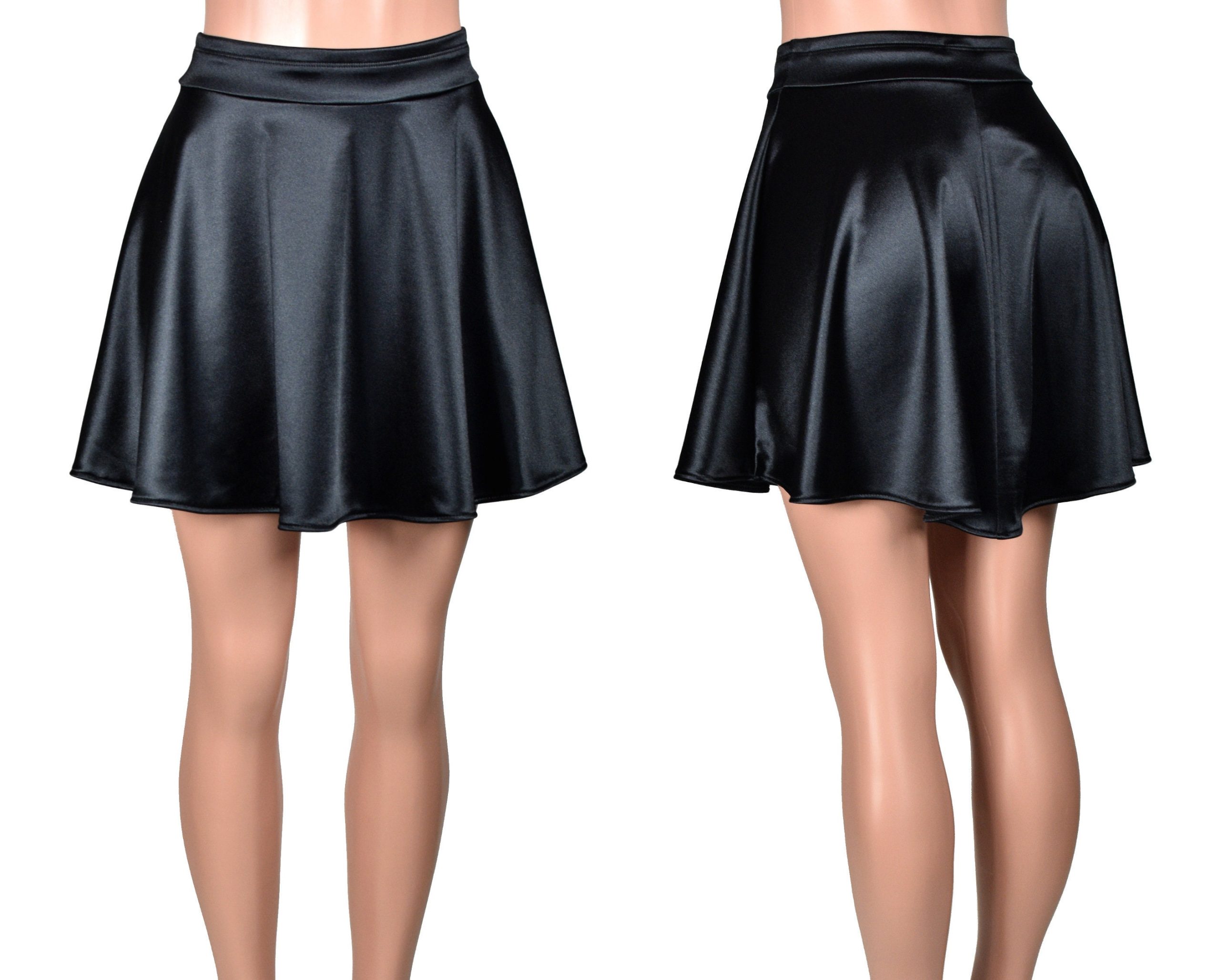 Black Stretch Satin Skater Skirt | Mini Length Plus Size Xs S M L Xl 2Xl 3X 4X High-Waisted Fit & Flare Swing Skirt Retro Vintage-Inspired