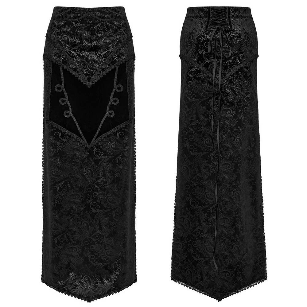 Black Velvet Gothic Skirt with High-Low Lace Hem