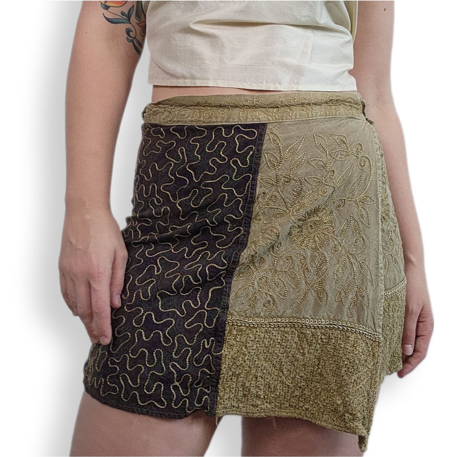 Boho Embroidered Hippie Wrap Skirt Patchwork Blue Skye Os in Brown, Women's (Size 23)