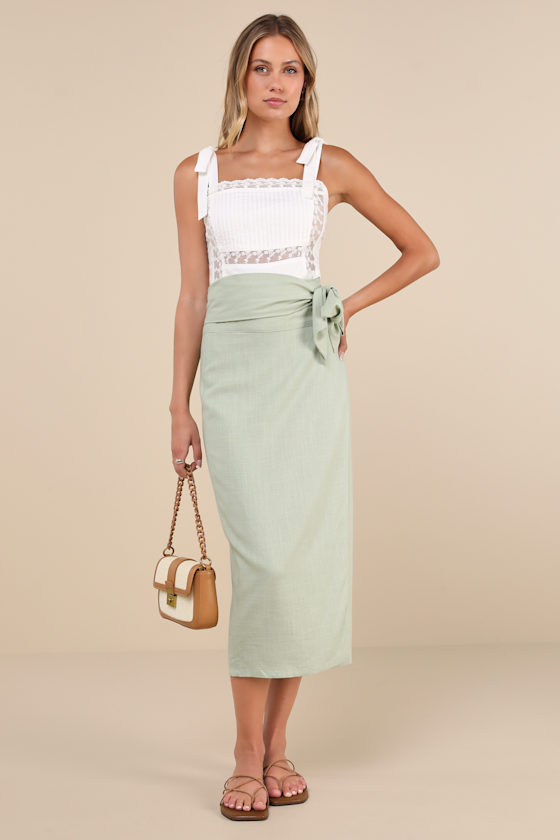 Breezy Personality Sage Green Linen Midi Wrap Skirt