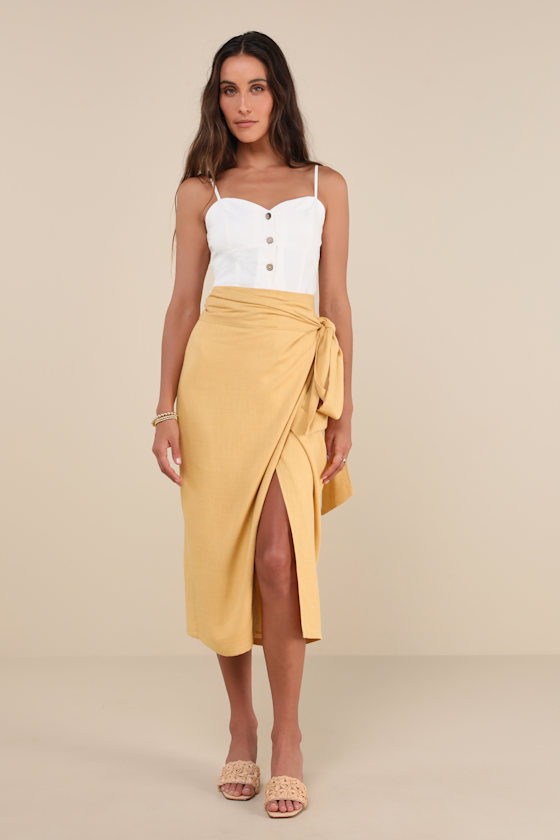 Breezy Personality Yellow Linen Midi Wrap Skirt