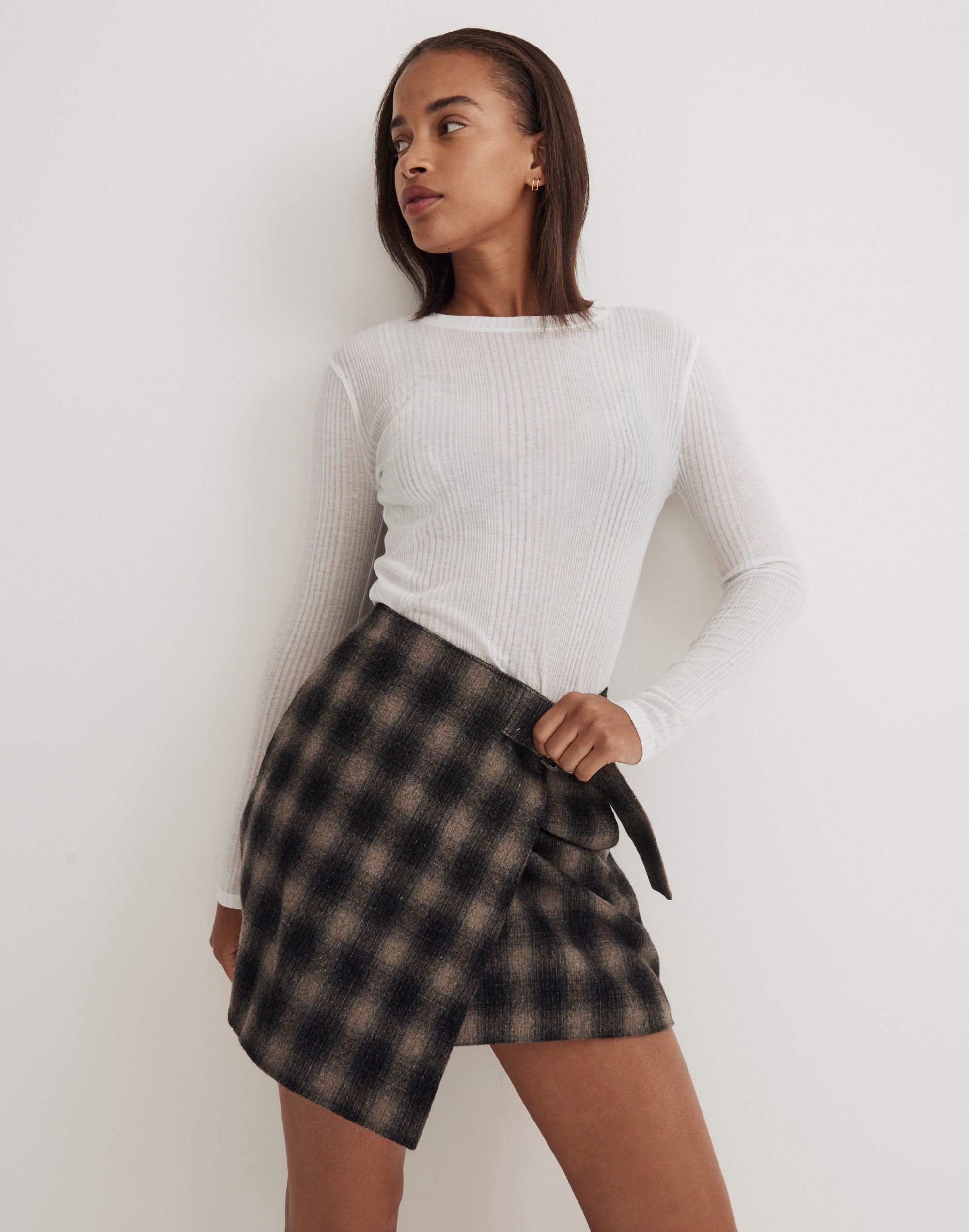 Buckle-Belt Wrap Mini Skirt in Plaid