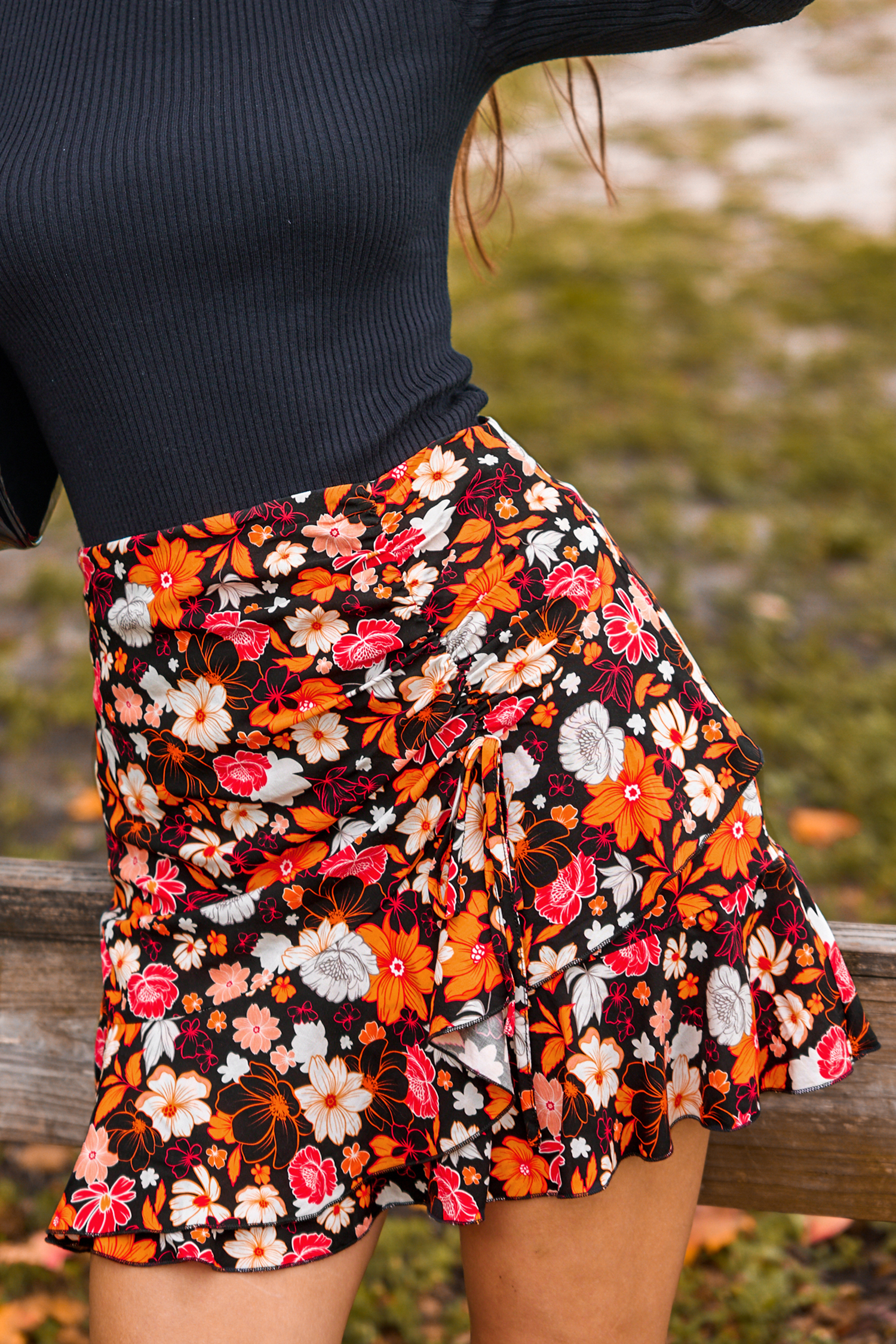 Burgundy Retro Floral Ruffled Wrap Mini Skirt - XL