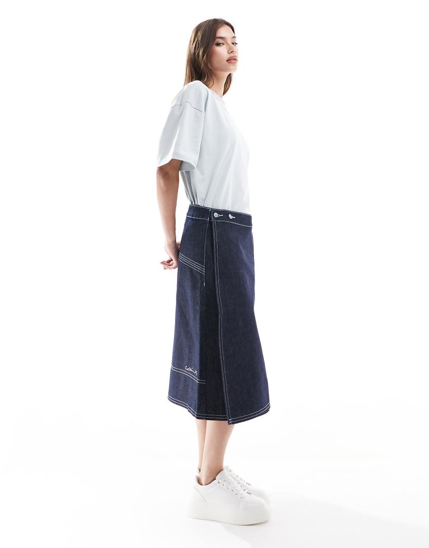 COLLUSION denim midi wrap skirt in raw denim-Blue