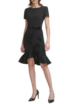 Calvin Klein Women's Short Sleeve Boat Neck Tie Wrap Waist Ruffle Skirt Solid Fit and Flare, Black, 14