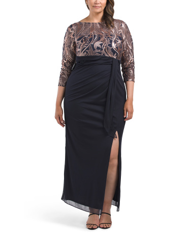 Carrie Sequin Embroidered Top Gown With Wrap Style Skirt for Women | Polyester/Nylon