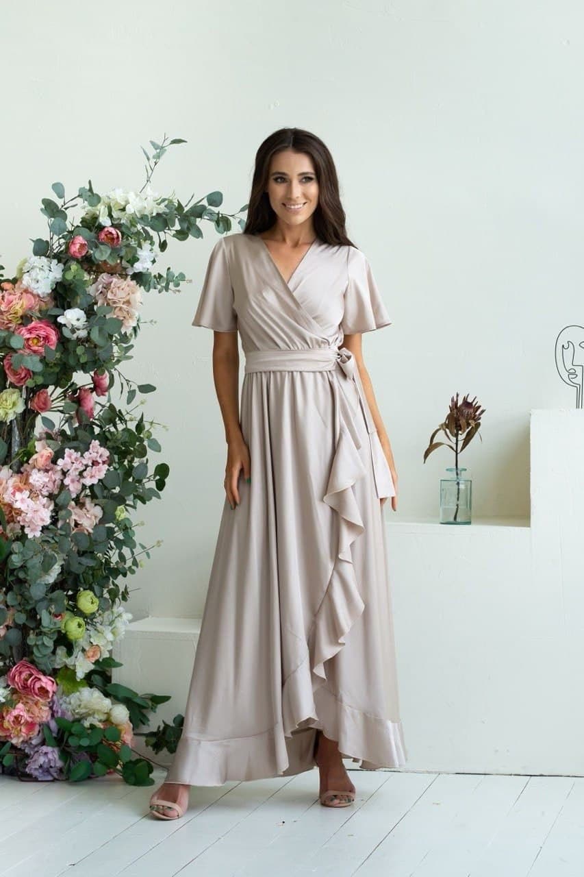 Champagne Maxi Ruffle Wrap Dress Long Bridesmaid Bell Sleeve V Neck Simple Prom Summer Skirt Romantic Belle