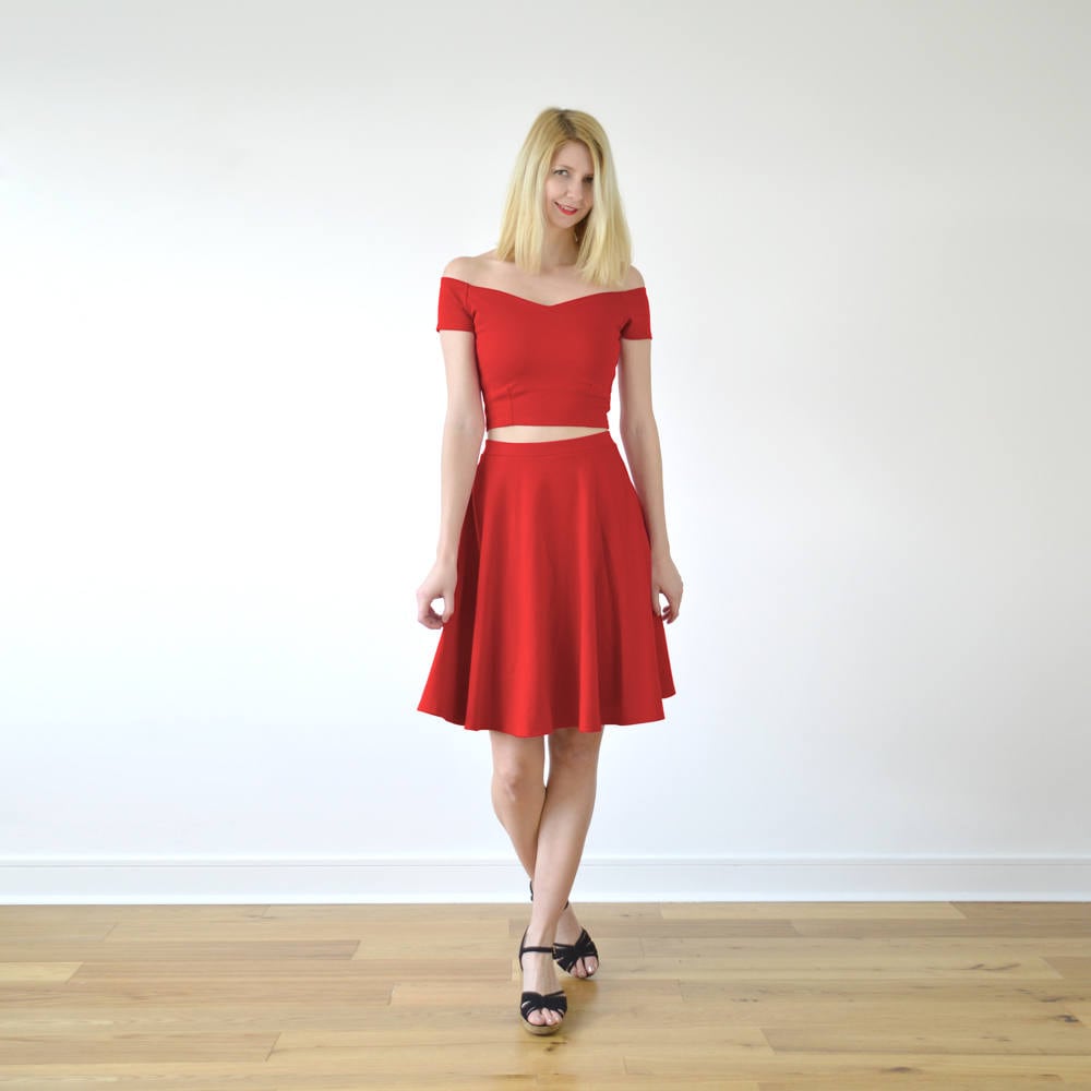 Coco | Ladies Two-Piece Crop Top & Skater Skirt Co-Ord Set in Bright Red. Matching & For Womens Summer