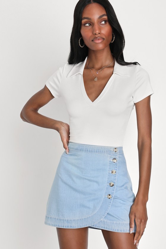 Cutest Simplicity Light Wash Denim Wrap Mini Skirt