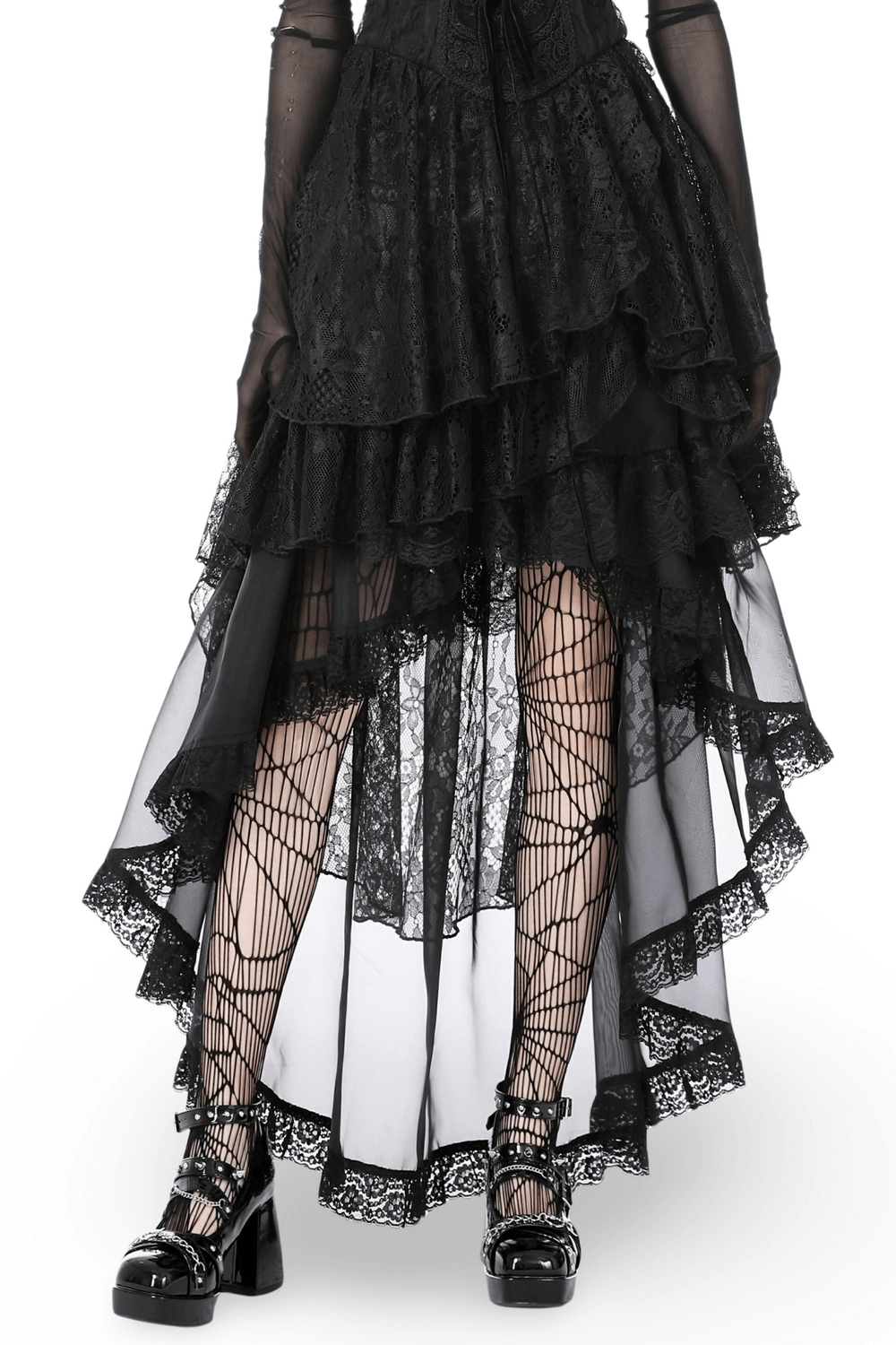 Dark Gothic Lace Trimmed High-Low Chiffon Skirt