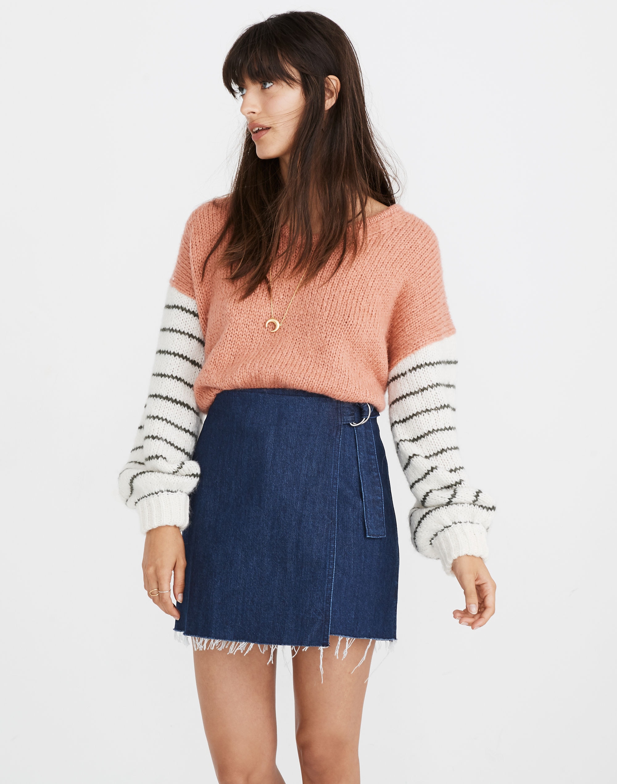 Denim Raw-Hem Mini Wrap Skirt