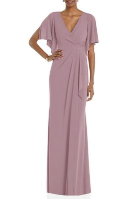 Dessy Collection Women's Faux Wrap Split Sleeve Maxi Dress with Cascade Skirt, Dusty Rose, Medium