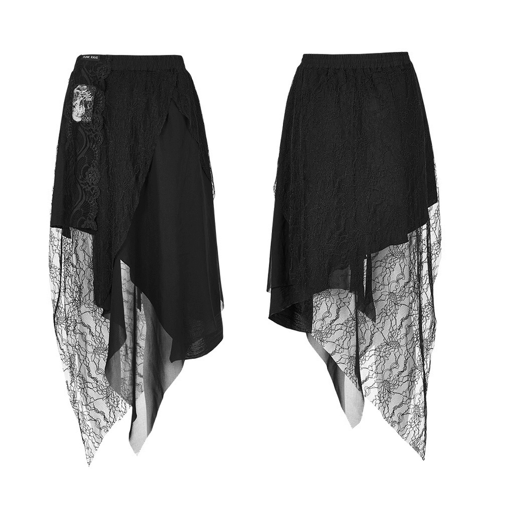 Edgy Black Asymmetric Lace-Trim High-Low Skirt