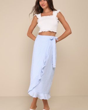 Effortlessly Sunny Blue and White Striped Wrap Midi Skirt