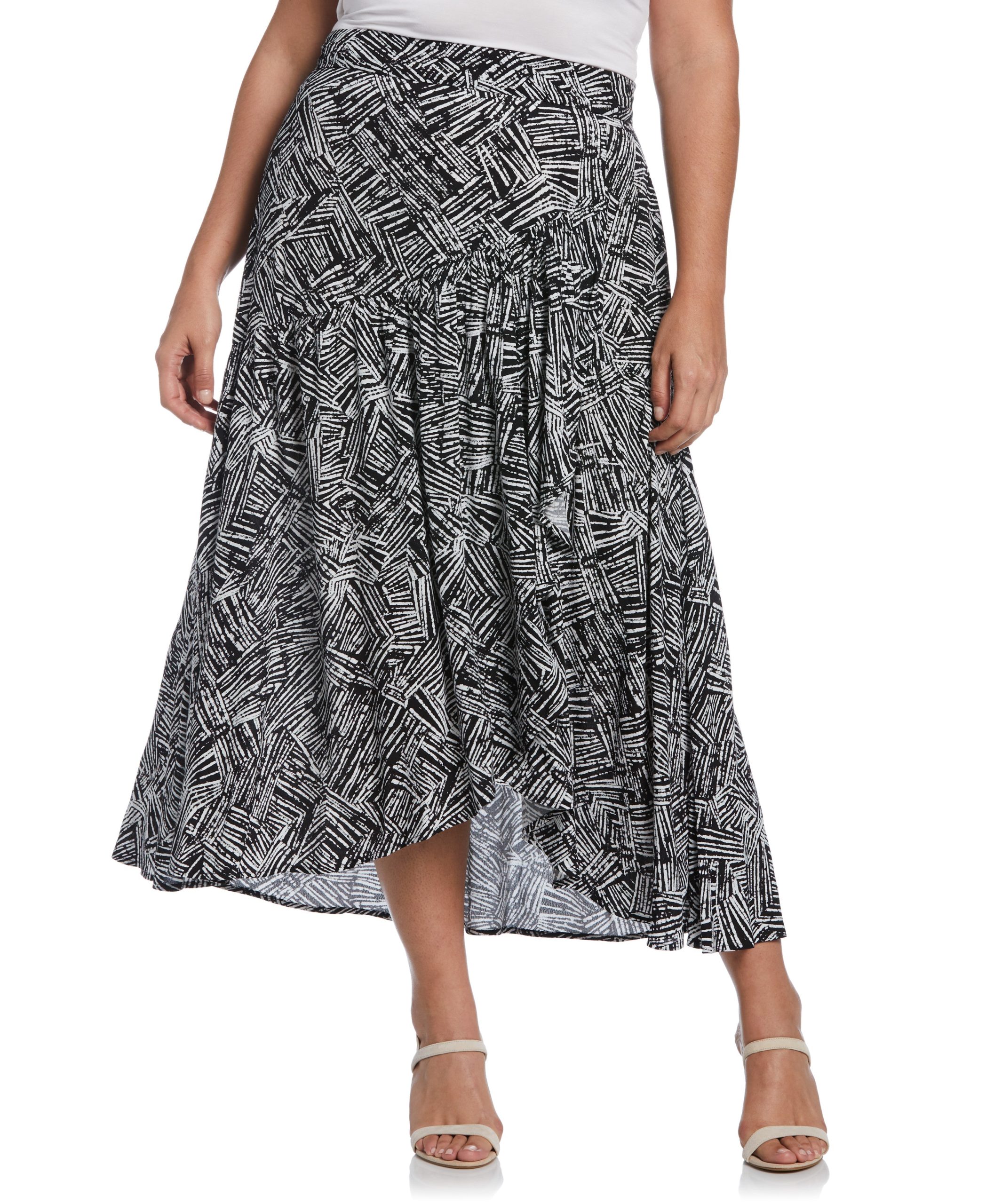 Ella by Rafaella Women's Plus Size Printed Crepe Faux Wrap Skirt in Black, Size 3X, Stripe, Viscose/Ecovero