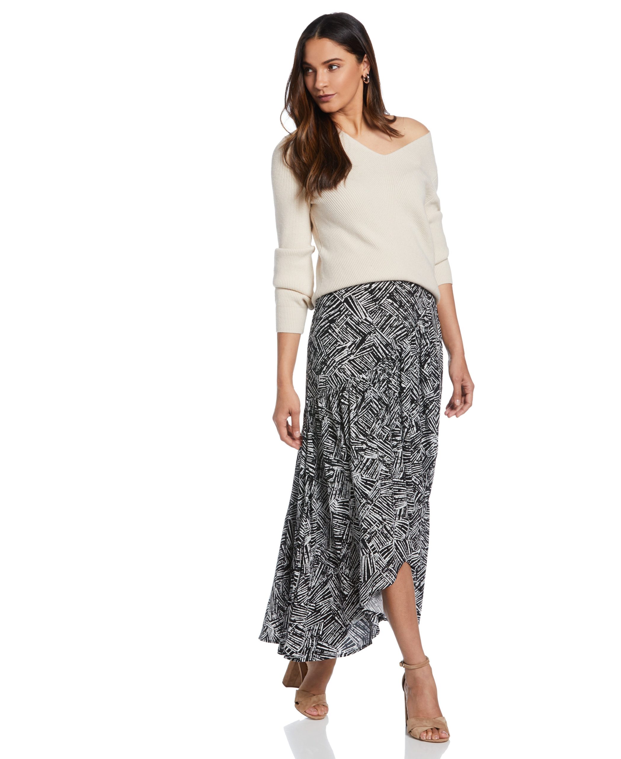 Ella by Rafaella Women's Printed Crepe Faux Wrap Skirt in Black, Patterned, Viscose/Ecovero