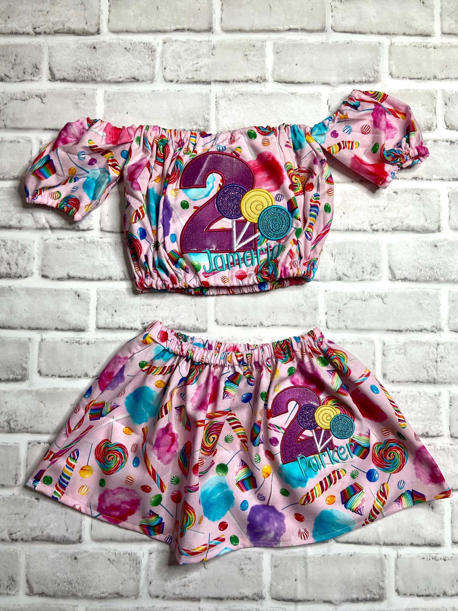 Embroidered Personalized Candy Print Birthday Matching Cotton Off Shoulder Shirt & Mini Skater Skirt Outfit For Toddler Youth