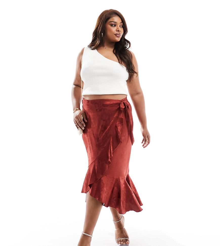 Flounce London Plus satin wrap midaxi skirt in rust-Brown