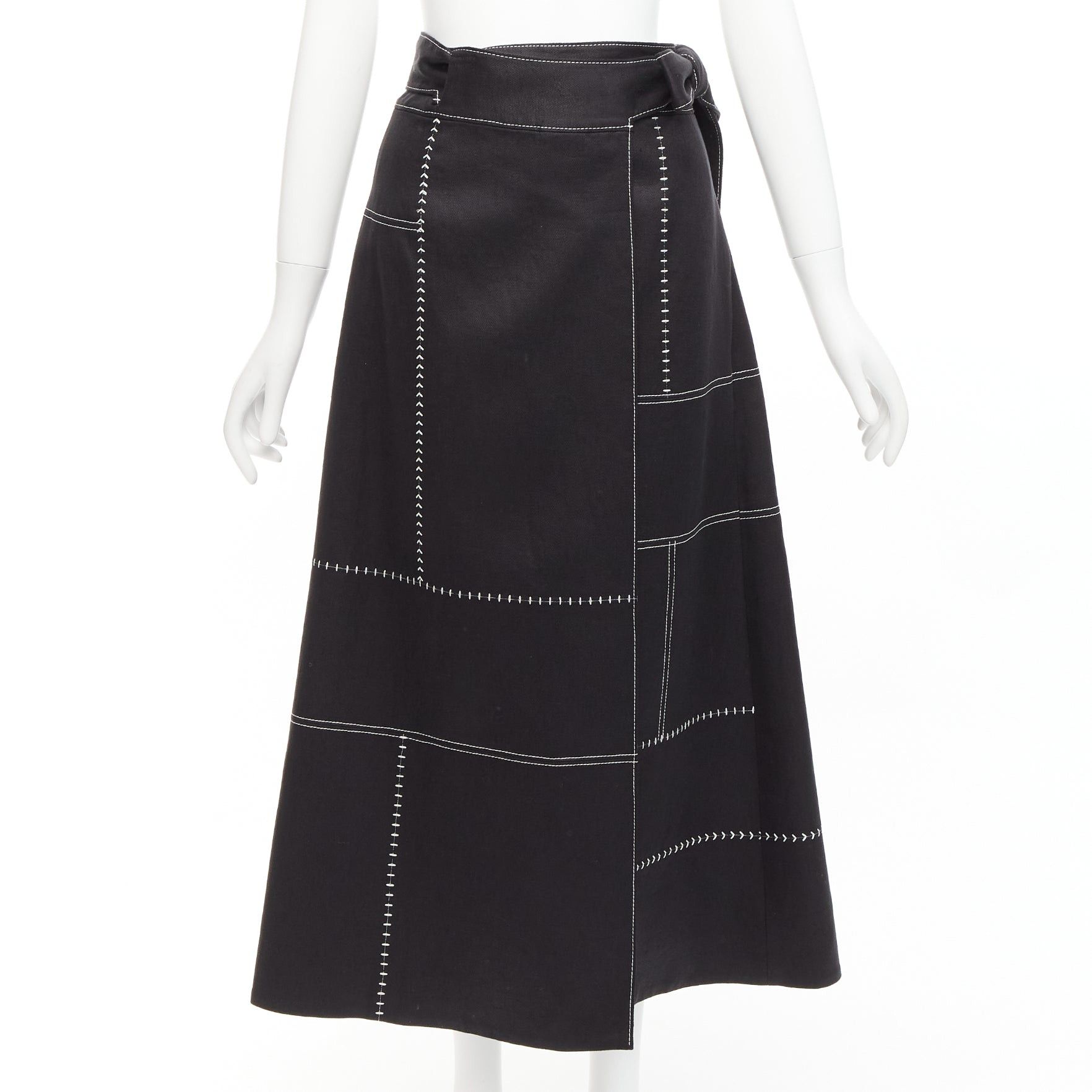 Gabriela Hearst Black 100% Linen White Overstitched Panel Wrap Skirt It36 Xxs, Women's (Size 25)