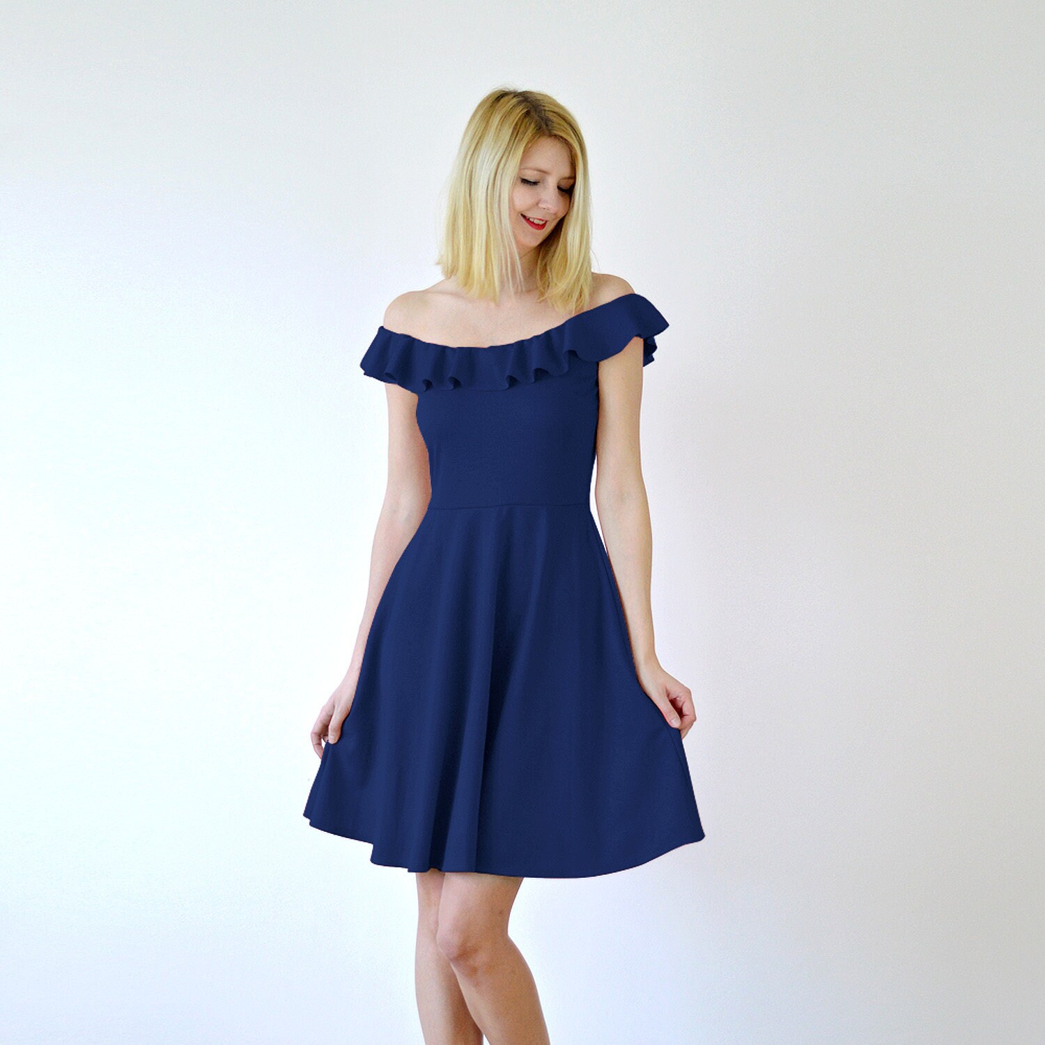 Ginger | Frill Neck Off Shoulder Navy Skater Dress. Ruffle Flared Strapless Sun Dress With Circular Skirt