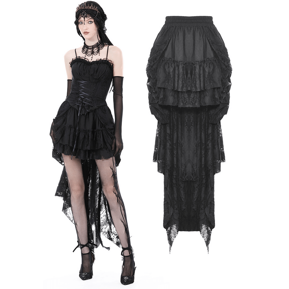 Gothic Lace High-Low Skirt with Romantic Ruffles for Women