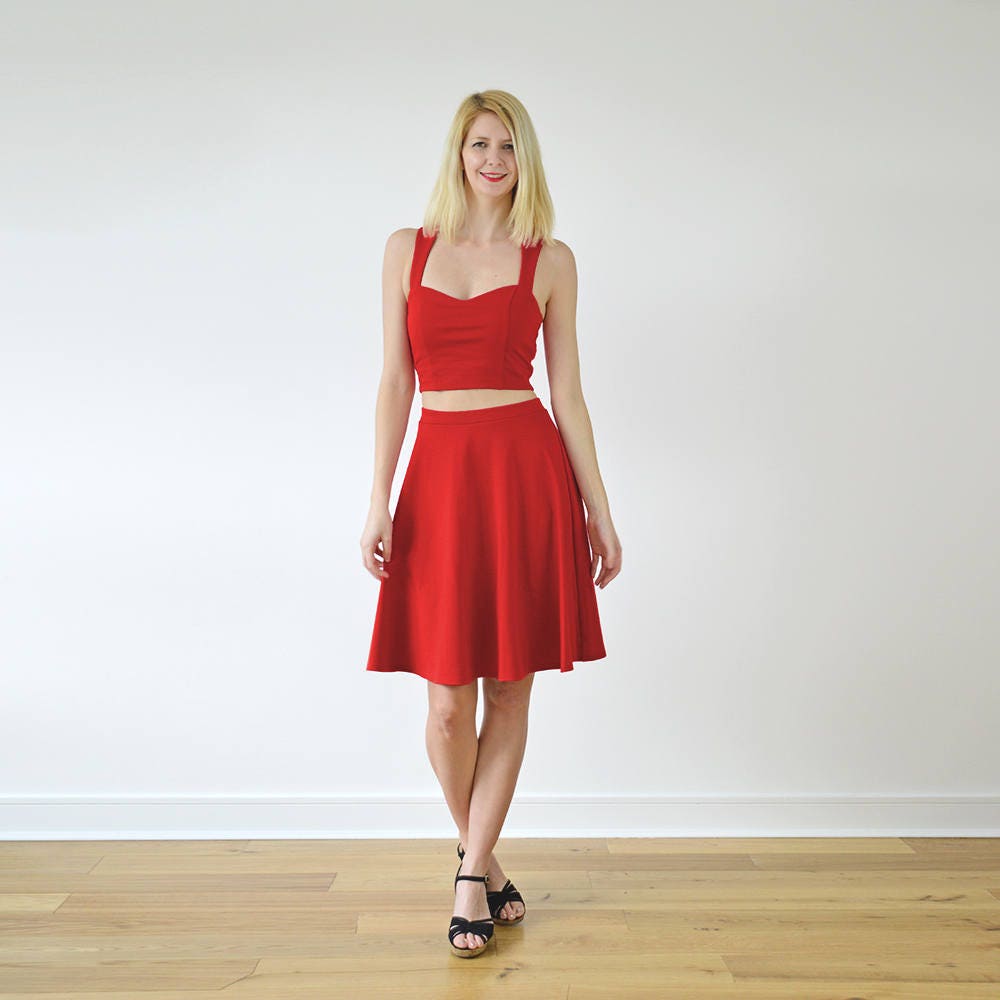 Grace | Two-Piece Crop Top & Skater Skirt Co-Ord Set in Bright Red. Two Piece Vintage Style Dress Outfit With Cut Out Midriff