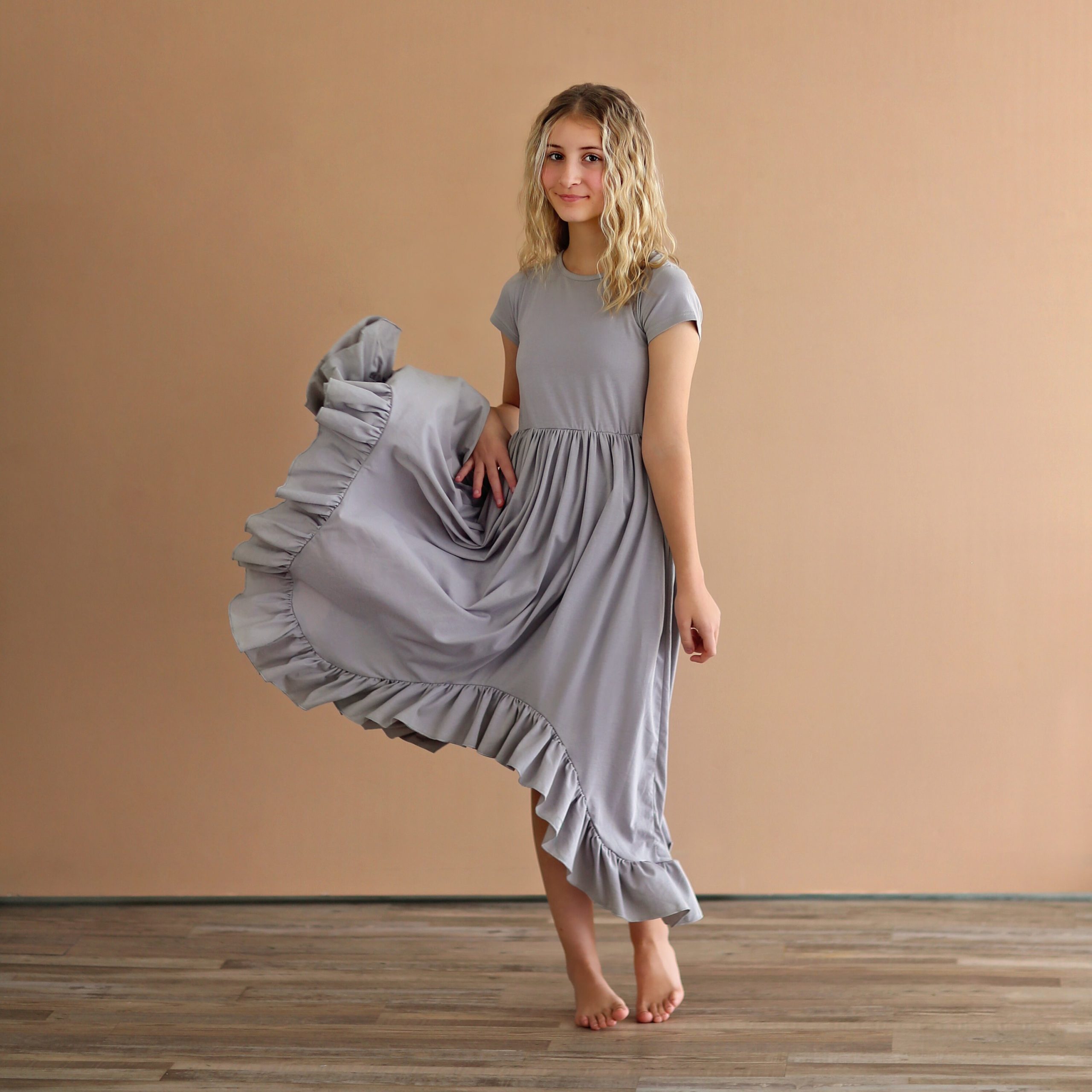 Gray Boho Dress - Long Ruffle High-Low Hem Full Skirt Red Twirly