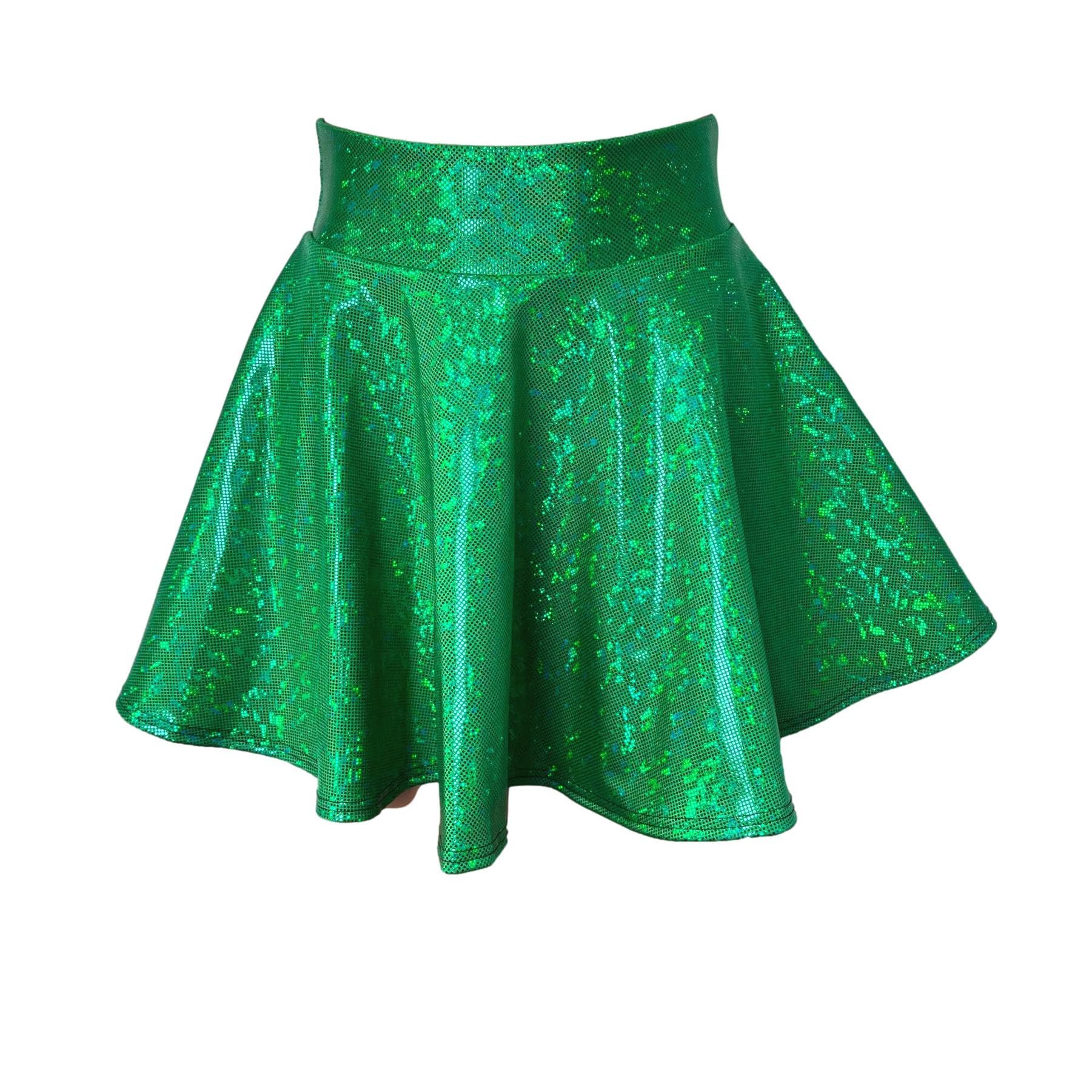 Green Shattered Glass Holographic High Waisted Skater Skirt - St Patricks Day, Mardi Gras, Rave Wear, Mini Circle