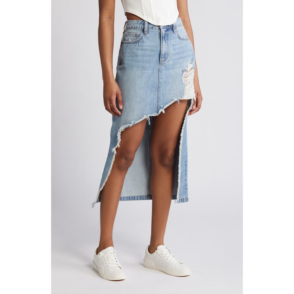 HIDDEN JEANS Heavy Distressed High-Low Hem Denim Skirt in Light Wash at Nordstrom, Size X-Small