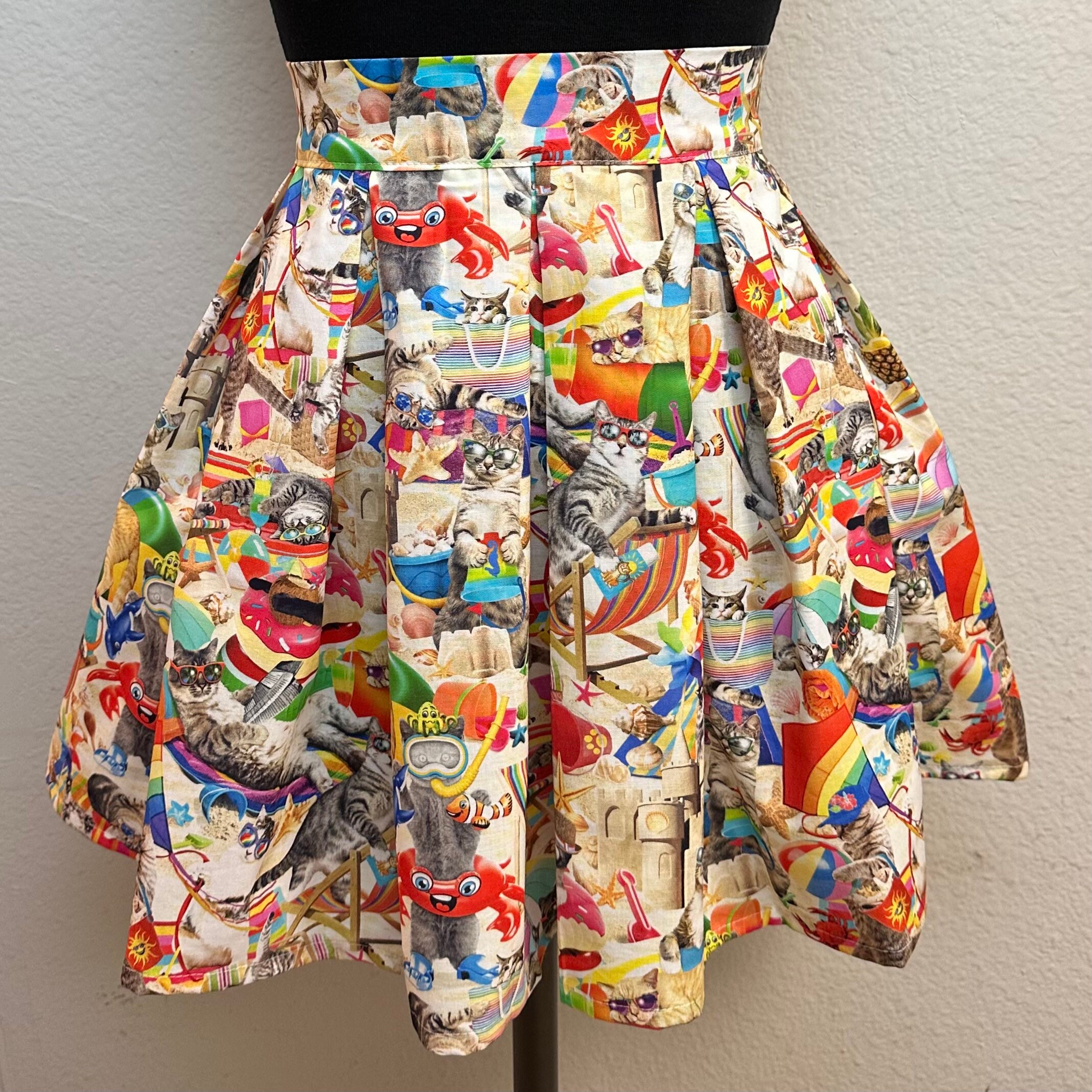 Handmade Skirt With Pockets Printed Pleated High Waisted Skater Made Beach Cats Fabric