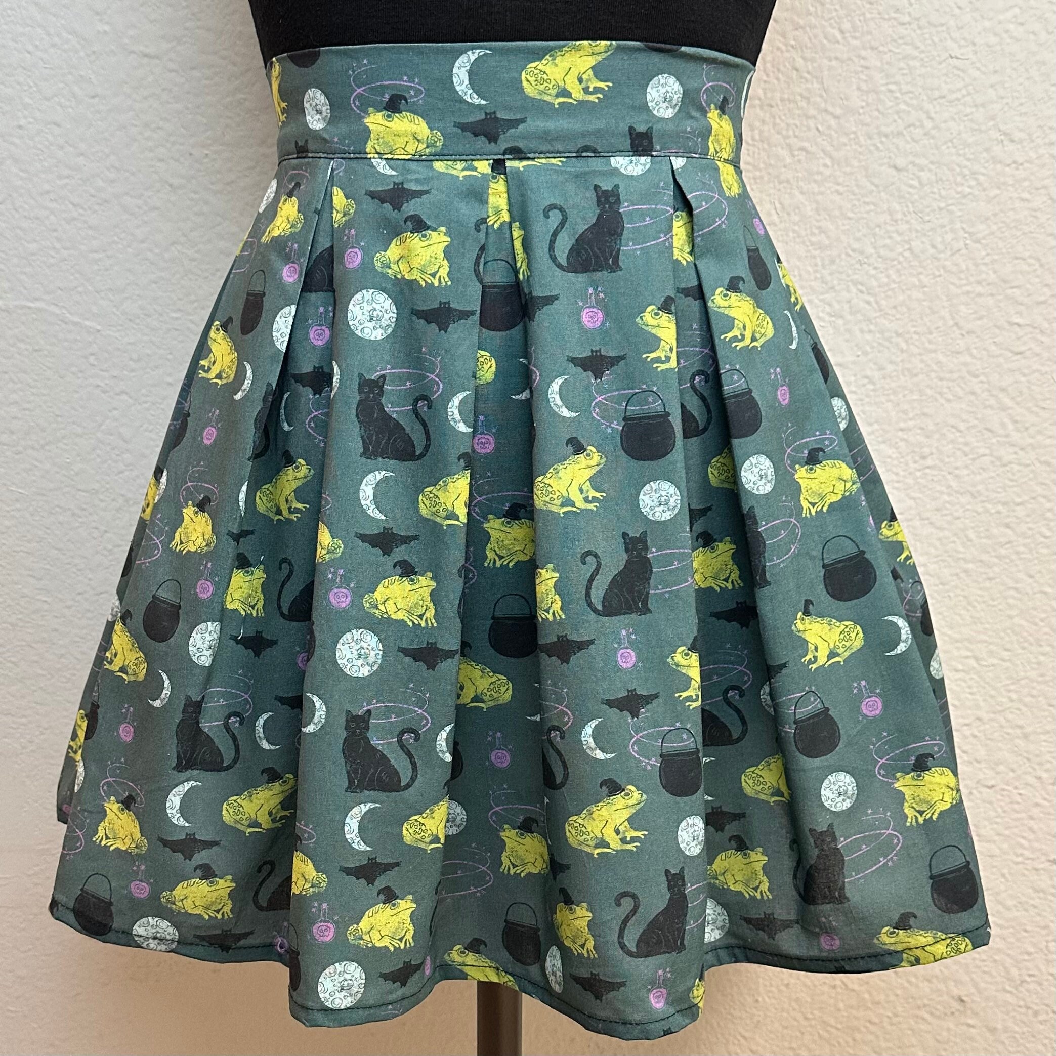 Handmade Skirt With Pockets Printed Pleated High Waisted Skater Made Black Cats & Frogs Potions Halloween Fabric