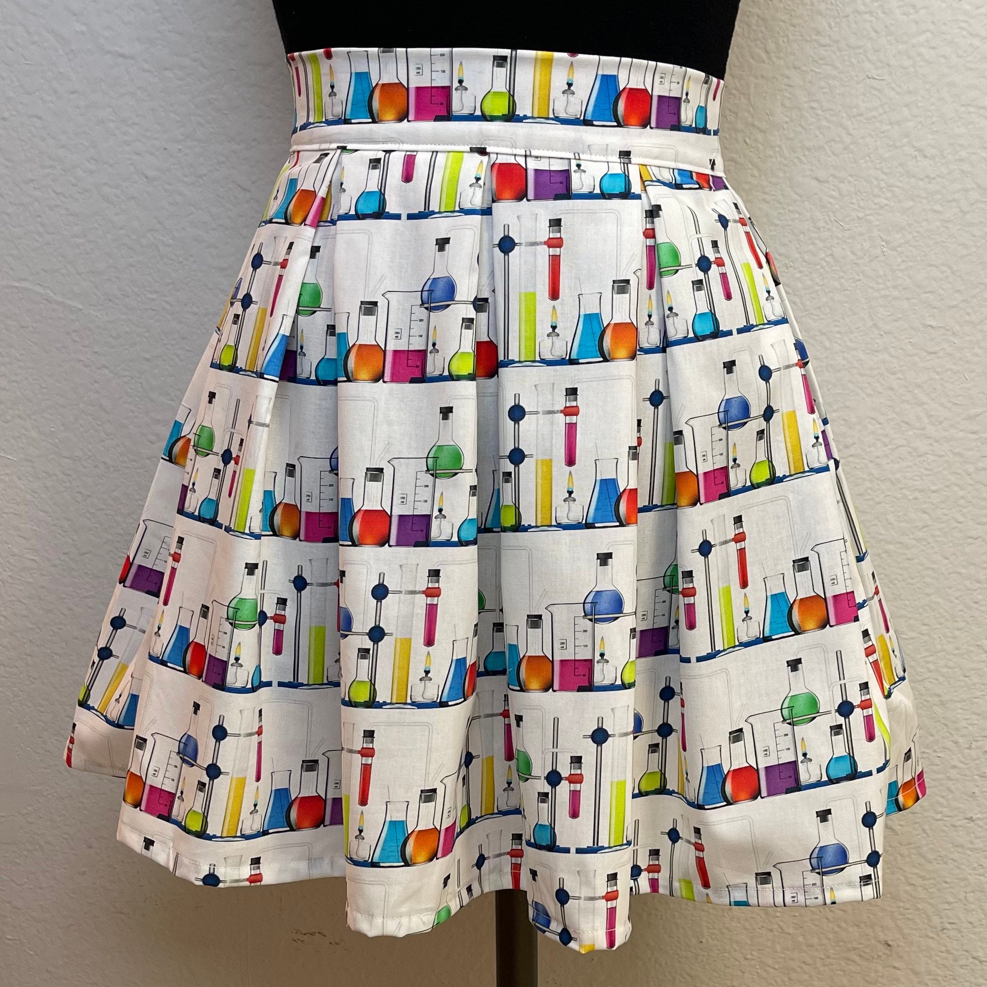 Handmade Skirt With Pockets Printed Pleated High Waisted Skater Made Colorful Chemistry Beakers Fabric