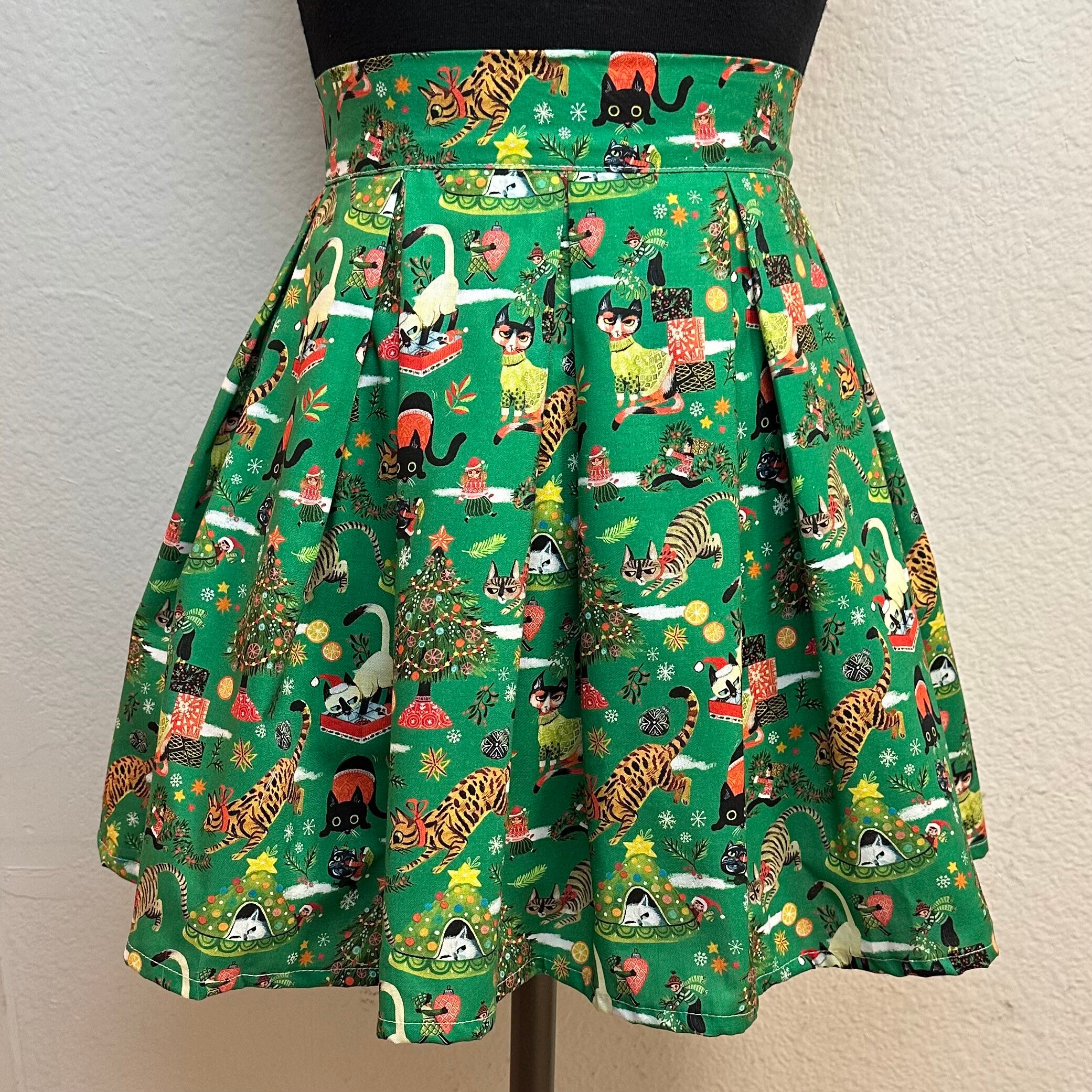 Handmade Skirt With Pockets Printed Pleated High Waisted Skater Made Grumpy Christmas Cats Fabric