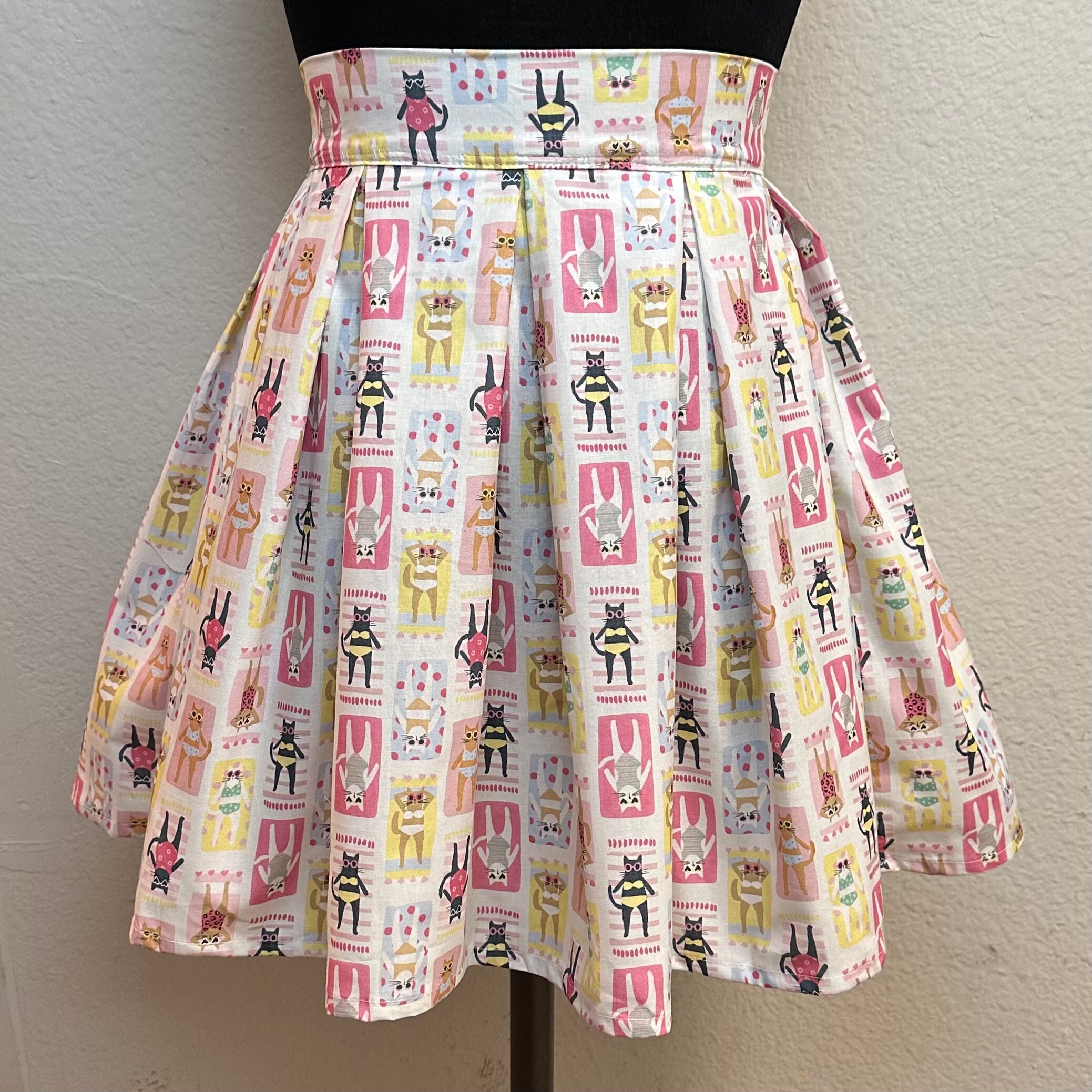 Handmade Skirt With Pockets Printed Pleated High Waisted Skater Made Meowmi Beach Cat Fabric