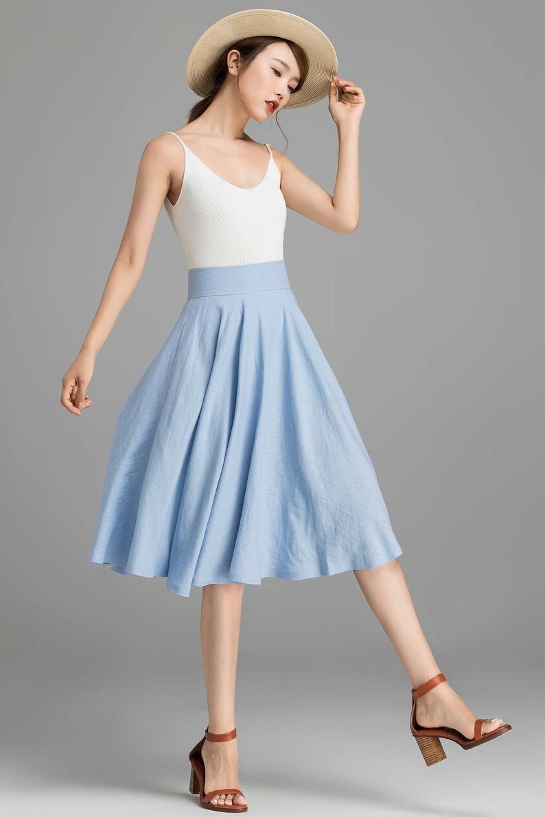 High Waist Linen Skirt, Summer Blue Midi Skater Circle 50S Flared Skirt With Pockets, Womens Skirts 2367#