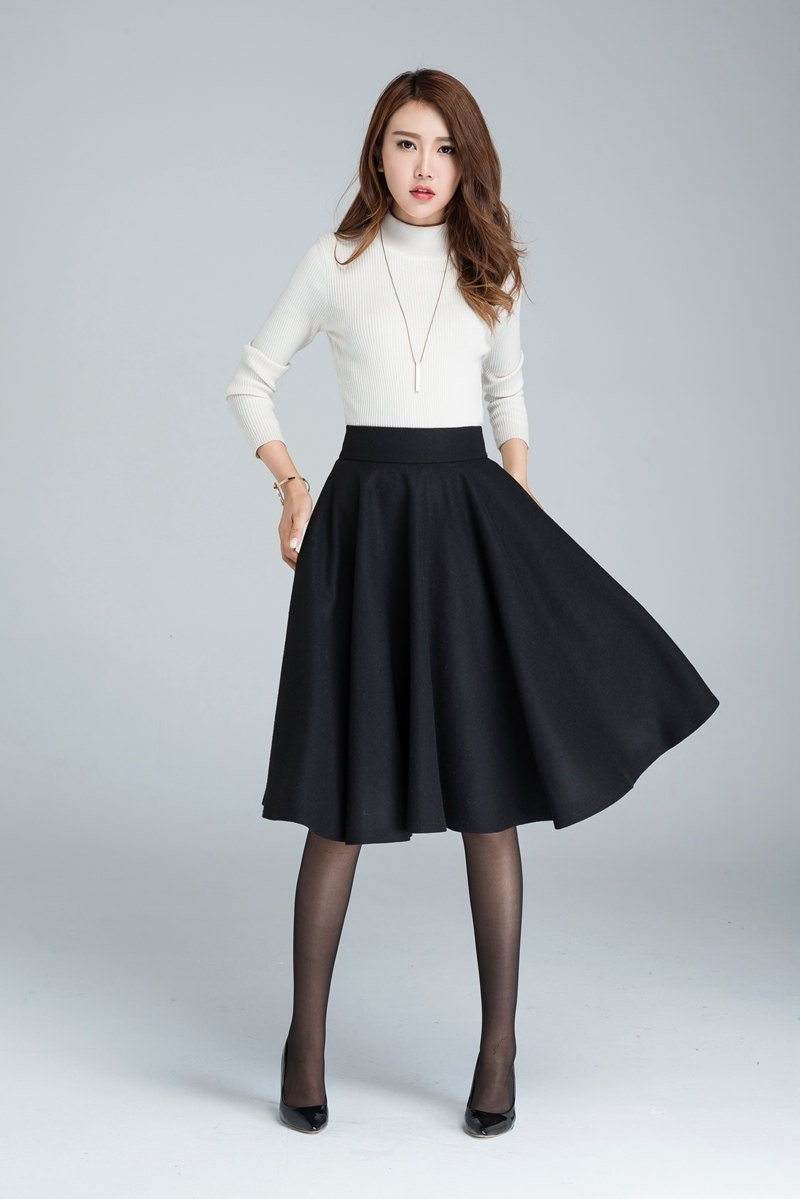 High Waist Wool Skirt, Midi Swing Circle Flared Vintage Pleat Winter Skater Xiaolizi 1633#