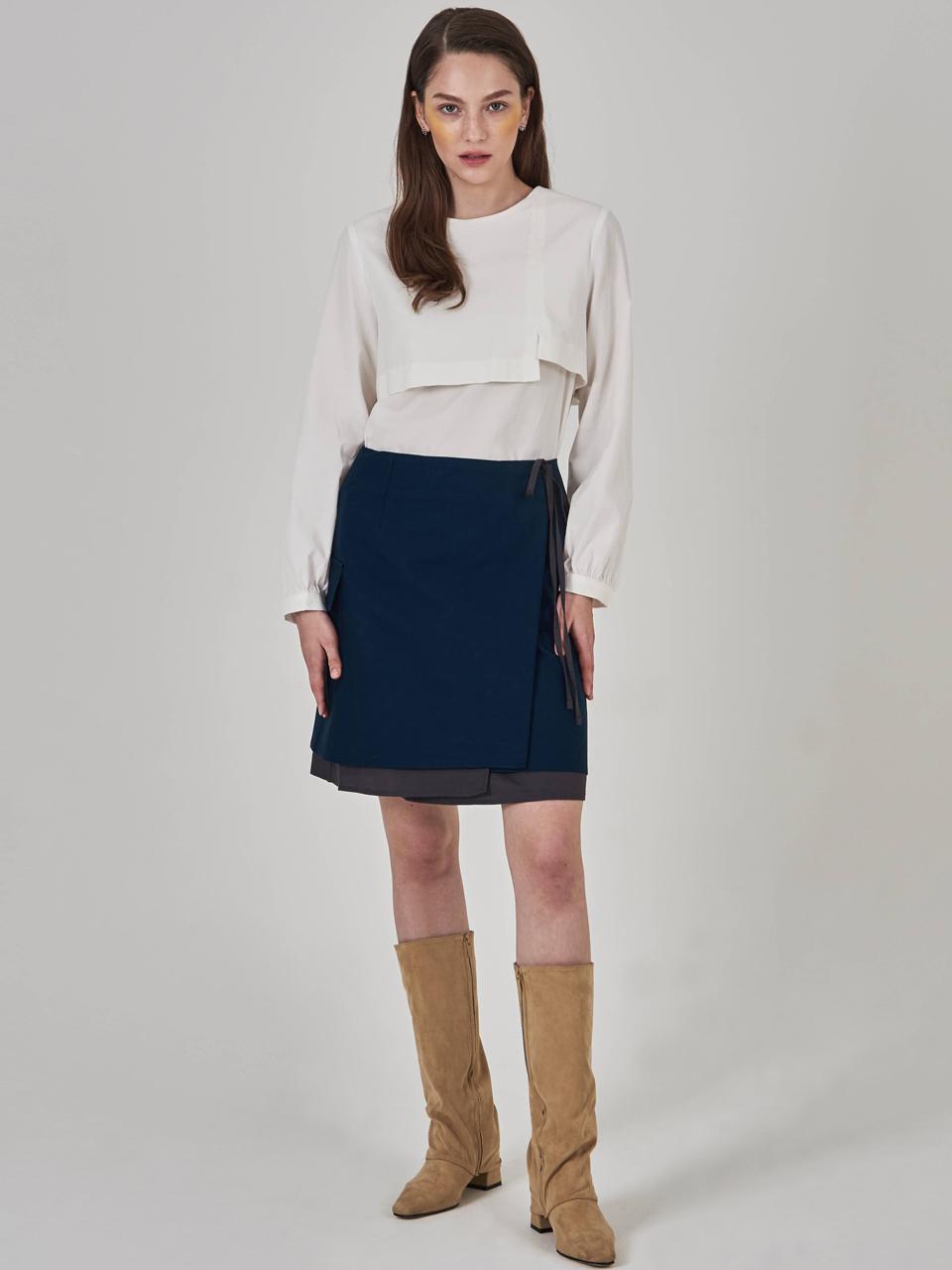 Layered Wrap Adjustable Cotton-Rayon Skirt [Navy]